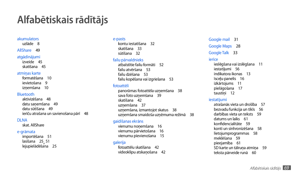 Samsung GT-P1010CWABAL manual Alfabētiskais rādītājs, Kontu iestatīšana , Uzņemšana  